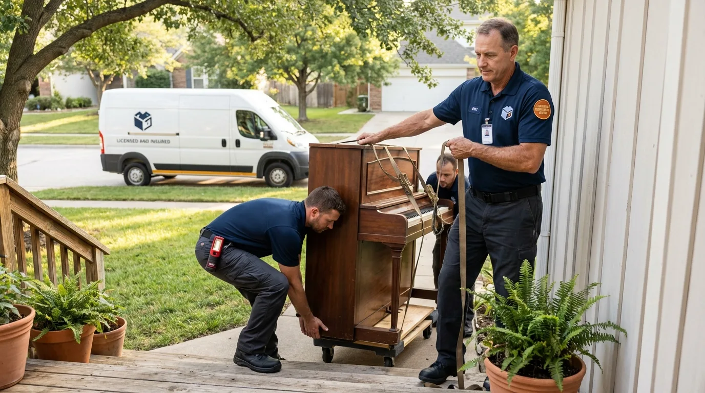 Licensed piano movers securing grand piano in Lake Odessa, MI