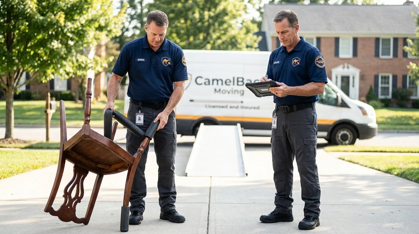 Movers inspecting furniture for damage prevention before loading in Lake Odessa, MI