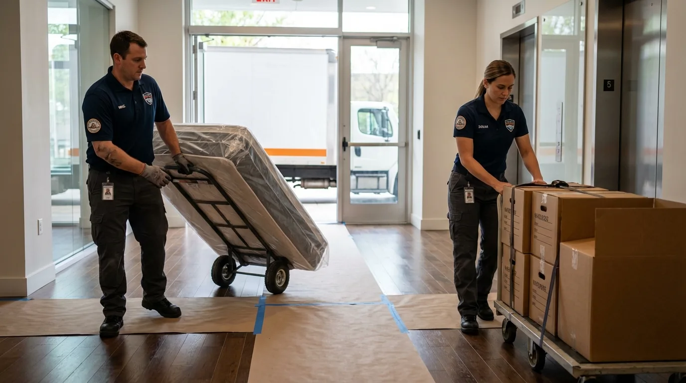 Professional apartment movers loading elevator in Lake Odessa, MI