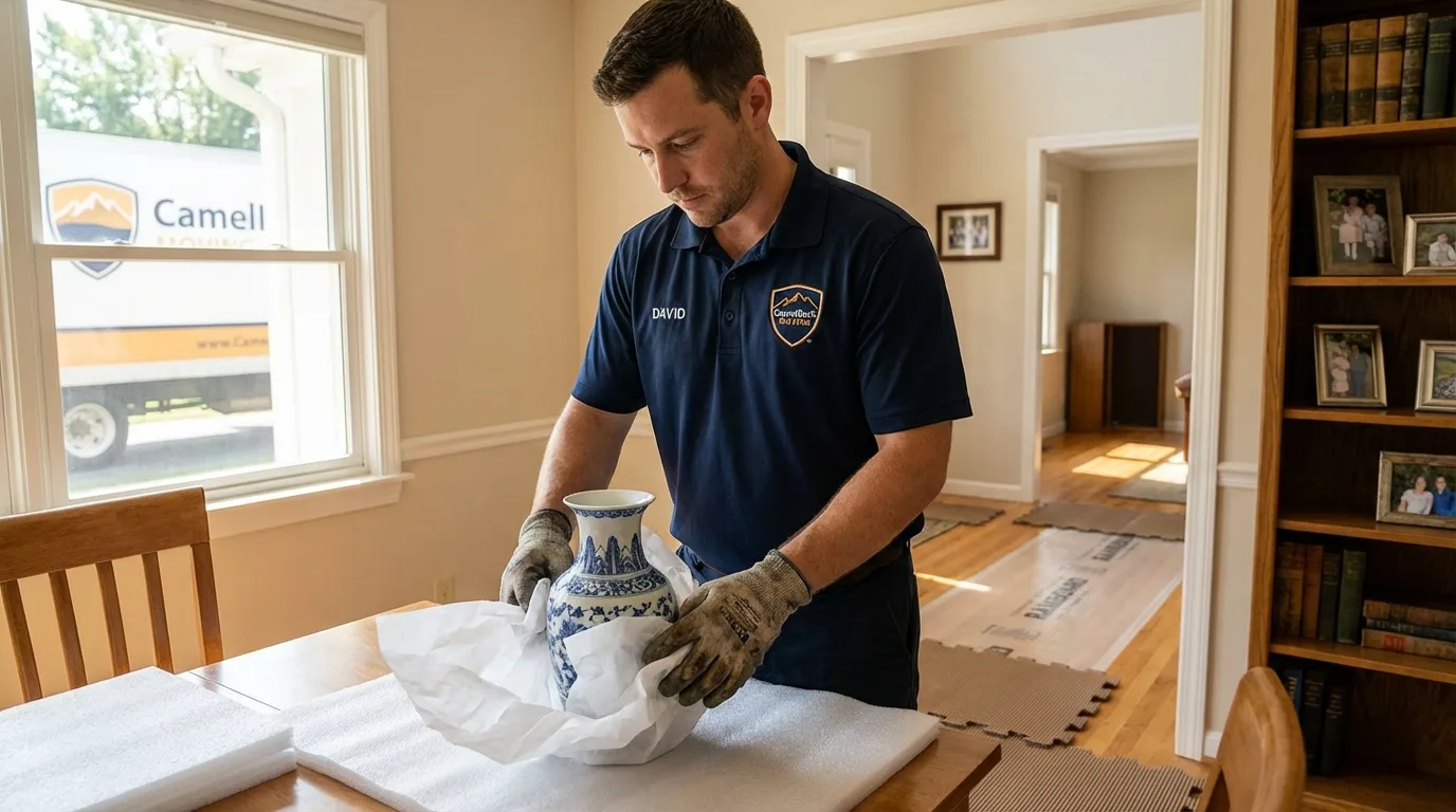 Professional crew carefully wrapping antique vase for senior downsizing move in Lake Odessa, MI