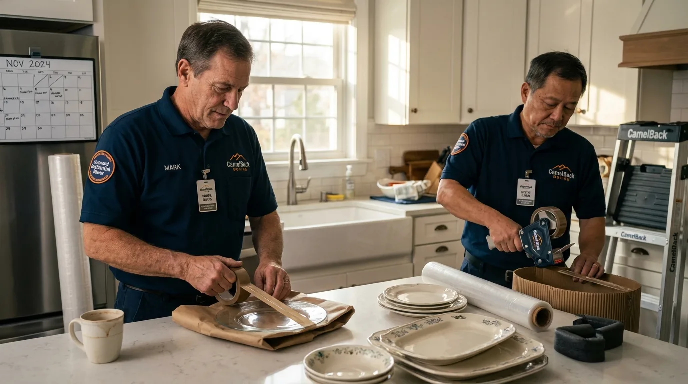 Professional crew packing kitchen dishware in Lake Odessa, MI